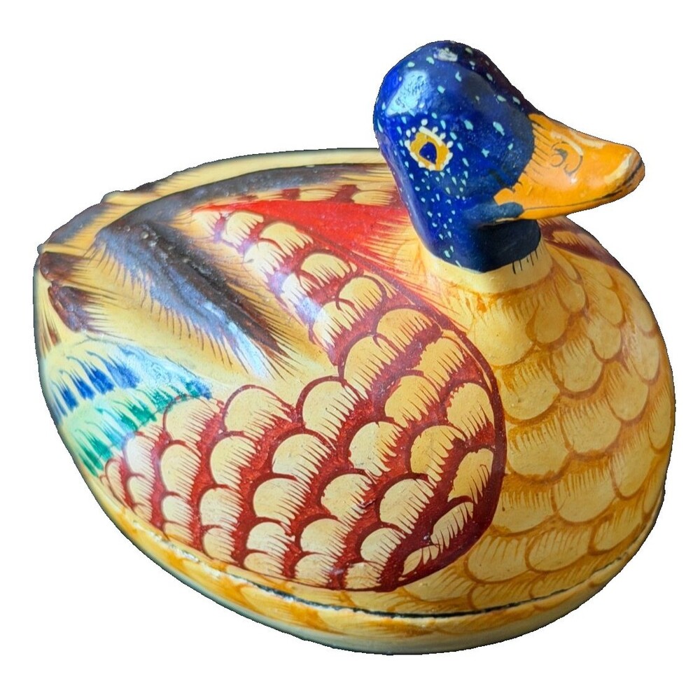Vintage FETCO Kashmir India Papier Mache Duck Trinket Box Hand Painted 3"